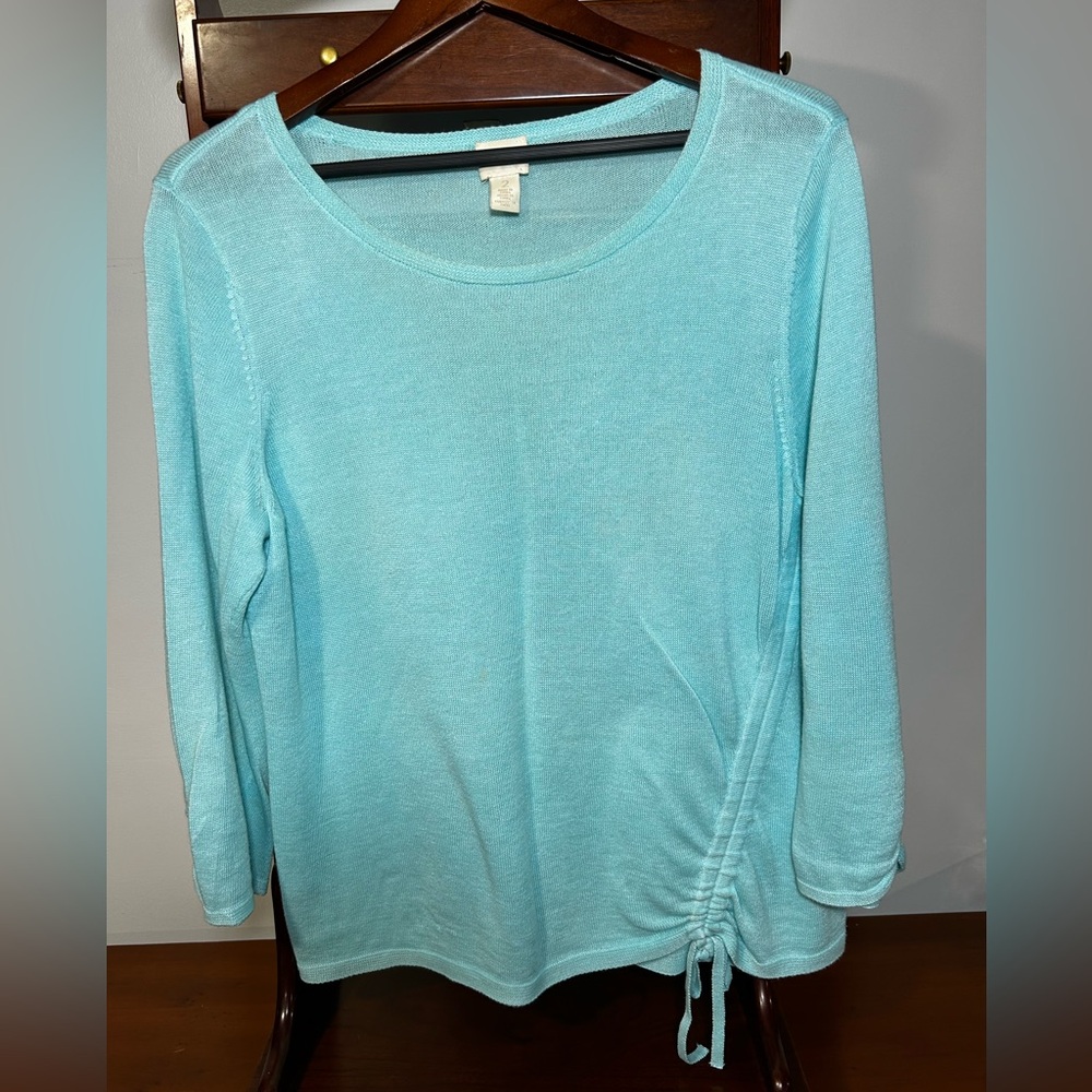 Chico's Women’s 2 Aqua Long Sleeve Sweater Top, Tie accent, Spring Sweater